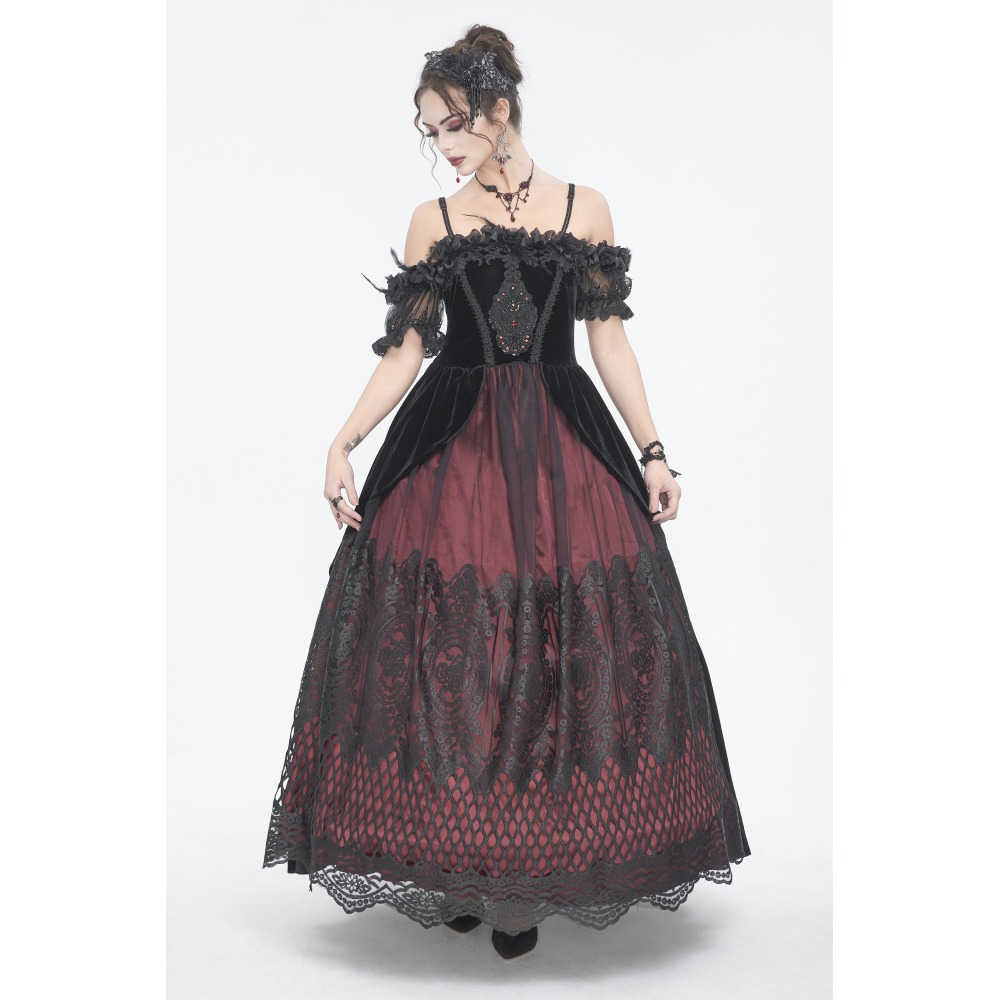 Devil Fashion - Gothic Suspender Long dress - Burgundy/Black